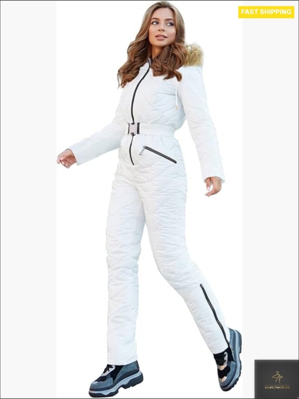 Winter Ski Suit One Piece Hooded Fur Collar Jumpsuit Snowsuit Outdoor Sports
